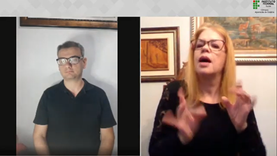 Diego Leonardo Pereira Vaz, professor no curso de Pedagogia Bilíngue do IFG e um dos coordenadores do evento, com a palestrante Alessandra Campos Lima, professora no curso de Letras Libras da UFG Diego Leonardo Pereira Vaz, professor no curso de Pedagogia Bilíngue do IFG e um dos coordenadores do evento, com a palestrante Alessandra Campos Lima, professora no curso de Letras Libras da UFG